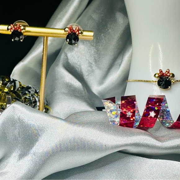 NWT Disney x Kate Spade Minnie Mouse Earrings & Necklace Set | Gold Black Red CZ - Picture 3 of 12